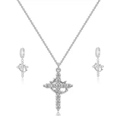 Imagem de ZHDHDQ Conjunto de brincos e colar de cruz de coroa para mulheres, colares e brincos de diamante delicado banhado a ouro 14 k com pingente de zircônia cúbica, moderno, impermeável, não mancha, joia de