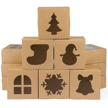 Imagem de 12 caixas de biscoito de Natal, 15 x 15 x 7 cm, pequenas caixas de confeitaria com janela, para dar de presente, sobremesa, padaria, cupcake (marrom)