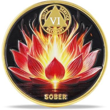 Imagem de Moeda de Sobriedade de Lótus Chama de 6 Anos – Medalhão NA de Flor Radiante – Token Espiritual para Recuperação e Tempo Limpo – Empoderamento de Fichas AA NA – Presente para Homens e Mulheres