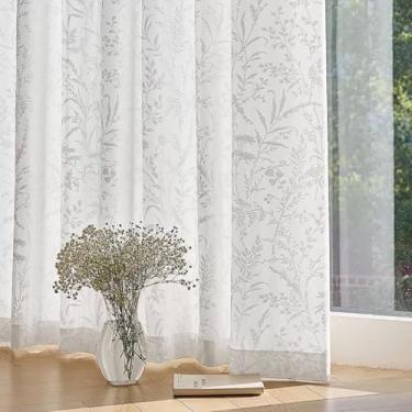 Imagem de WUBODTI Cortinas brancas não transparentes de folha de privacidade que deixam a luz entrar para a sala de estar, bolso para varão elegante floral semitransparente, cortina fliterada com 203 cm de