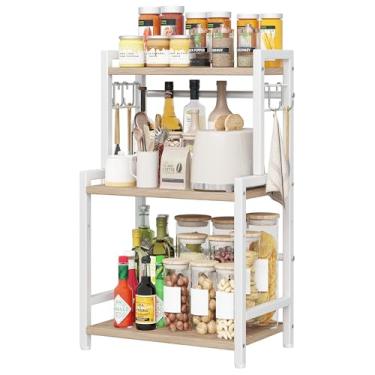 Imagem de Organizador de bancada de cozinha, organizador grande de 3 níveis com prateleira ajustável e 5 ganchos, organizador de balcão de madeira, suporte de micro-ondas para cozinha e café, café leve