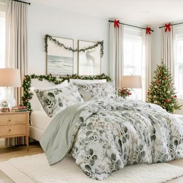 Imagem de Regency Heights Conjunto de edredom botânico leve Seersucker Queen, design reversível com estampa listrada, conjunto de cama de microfibra premium, edredom e fronha, verde