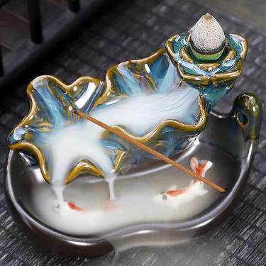 Imagem de Queimador de incenso de refluxo de cerâmica, decoração criativa para casa, queimador de incenso artesanal em forma de peixe, aproveite o aroma de sândalo (B-9 Lotus Lime - azul)