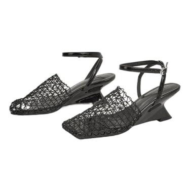 Imagem de Sandália feminina arrastão fechada com bico fechado salto bloco respirável malha trançada com fivela ajustável no tornozelo para verão praia casual elegante, Preto, 33