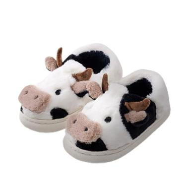 Imagem de Chinelo infantil de vaca, para meninos e meninas, macio de pelúcia para casa, animal fofo, confortável, quente, felpudo, espuma de memória, antiderrapante, fofo, para uso interno e externo, Preto