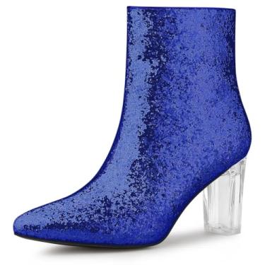 Imagem de Allegra K Botas femininas de cano curto com glitter e salto bloco transparente, Azul, 37