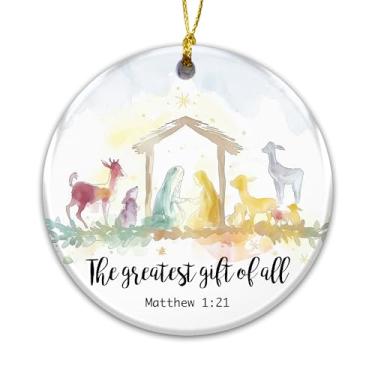 Imagem de Ornamento religioso da Sagrada Família 2025, o maior presente de todos os enfeites de Natal - Ornamento de presépio de Mateus 1:21 - Decoração de Natal das Escrituras Cristãs - Presente de Fé para