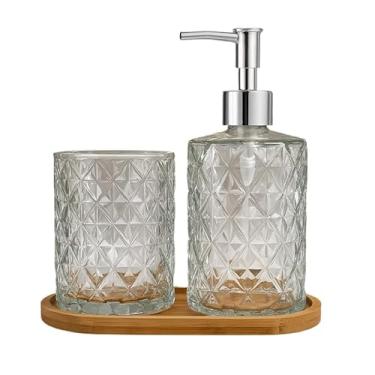 Imagem de Kit Banheiro de Cerâmica 2 Peças – Dispenser Porta Sabonete Líquido e Porta Escova de Dente | Ideal para Lavabo e Decoração Elegante(CRISTAL PRATA)