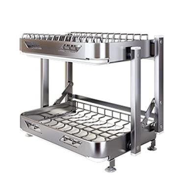 Imagem de BSNANCA Escorredor de pratos dobrável, escorredor de pratos de aço inoxidável 304 com placa de drenagem, suporte de utensílios, suporte de tábua de corte, escorredor de pratos à prova de ferrugem F