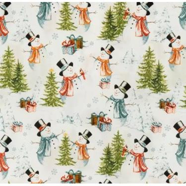 Imagem de Tecido de algodão Snowmen and Cardinal Twill - Tecido de algodão leve pré-cortado de inverno por jarda - One Yard