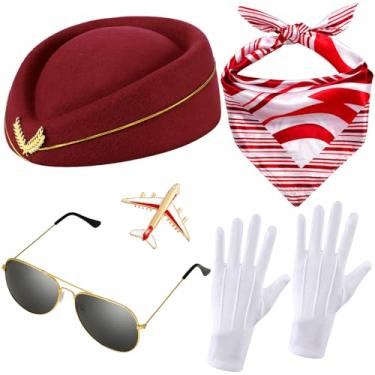 Imagem de Bencailor 6 peças de acessórios de fantasia de comissária de bordo de Natal para mulheres, roupas de aeromoça, chapéu de sino, cachecol e luvas de óculos de sol (vinho vermelho)