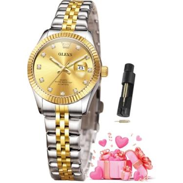 Imagem de OLEVS Relógios femininos luxuosos, elegantes, de aço inoxidável, à prova d'água, luminosos, diamantes, modernos, relógios femininos para pulsos pequenos, 3705 - ouro de dois tons, relógio feminino