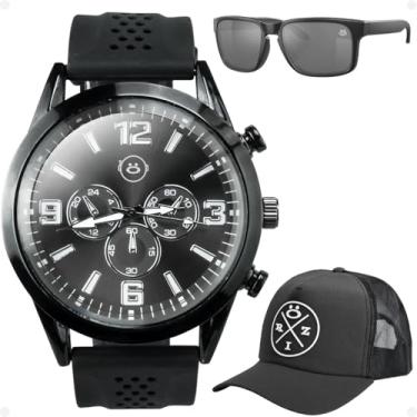 Imagem de Kit Presente Masculino com Relógio Analógico Aço Inox + Óculos de Sol UV + Boné Trucker Preto Ajustável