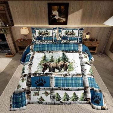 Imagem de Feelyou Jogo de cama rústico com tema de caça, para crianças, meninos, meninas, decoração de cabana, azul, xadrez, conjunto de colcha com 2 fronhas, 3 peças, King