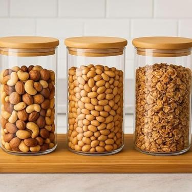 Imagem de Kit com 3 Potes de Vidro 750ml com Tampa de Bambu Hermética para Cozinha