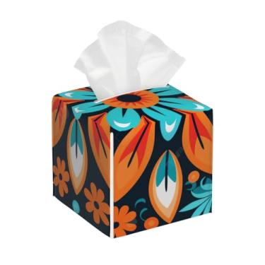 Imagem de Porta-lenços de couro quadrado à prova d'água étnico flor mandala retrô organizador de papel facial com cinto inferior cubo estojo de lenços para mesa, banheiro, escritório, mesa, carro, decorativo