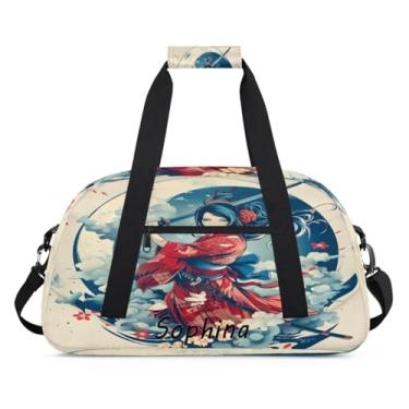 Imagem de Bolsa esportiva personalizada feminina japonesa étnica com nome, bolsa de dormir personalizada, bolsa de fim de semana, bolsa de treino para dança, balé, academia, ginástica, mala de viagem, presente