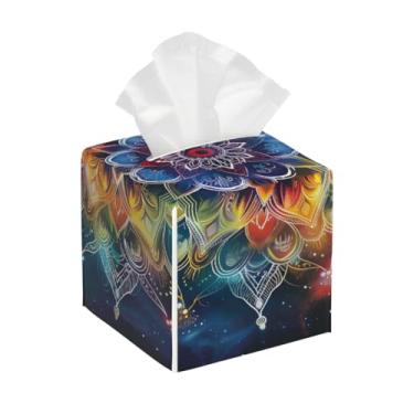 Imagem de Porta-lenços de couro quadrado impermeável mandala galáxia organizador de papel facial colorido com cinto inferior cubo estojo de lenços para mesa, banheiro, escritório, mesa, carro, decorativo