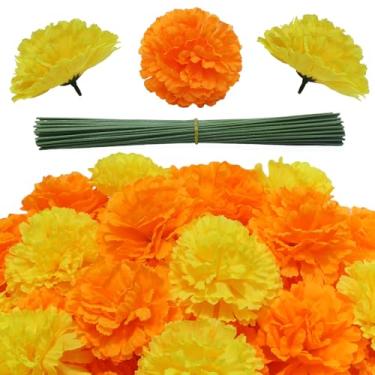 Imagem de YGbridge 60 peças de flores artificiais de calêndulas com hastes, decoração de calêndula falsa de 8,9 cm para Dia de Los Muertos, Dia dos Mortos, decoração Diwali, guirlanda de calêndula DIY