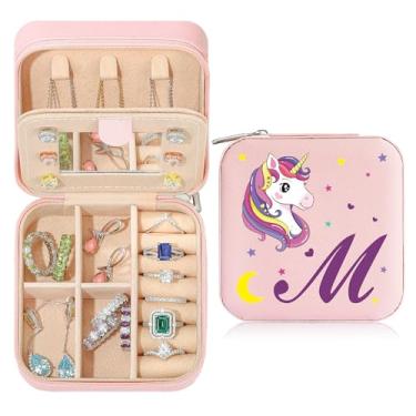 Imagem de Caixa de joias de viagem organizadora para presentes pequena fofa personalizada presente de aniversário natal para filha anel colar brinco caixa organizadora rosa letra A-Z