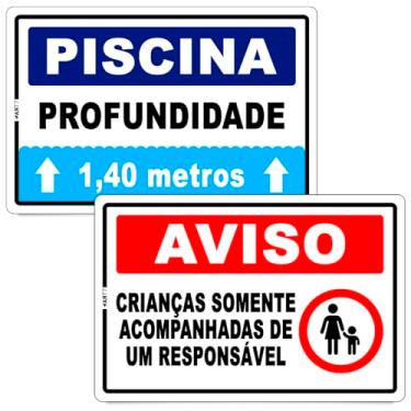Imagem de Kit de Placas Profissionais para Piscina, PS 1mm, 30x20cm, 2 Placas, Impressão UV, Sinalizações de Profundidade e Aviso, para Clubes, Condomínios, Hotéis