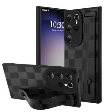 Imagem de OOK Capa de telefone compatível com Samsung Galaxy S23 Ultra silicone com alça, padrão xadrez moderno para mulheres e meninas, alça de dedo ajustável, capa protetora fina, preta quadriculada