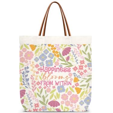 Imagem de ZEDEV Sacola Happiness Blooms From Within - Sacola de lona floral colorida reutilizável para viagens, trabalho, compras, academia, bolsa de aniversário, presentes para mulheres, professoras, amigas