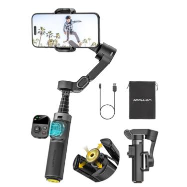 Imagem de AOCHUAN Estabilizador gimbal de 3 eixos para iPhone com rastreamento facial de 360°, gimbal para smartphone com tripé aberto de um toque, controle por gestos, estabilizador de telefone com controle