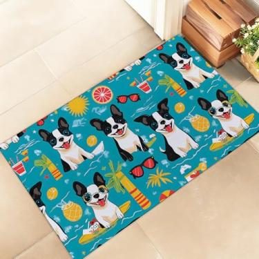 Imagem de amepay Tapete de porta Boston Terrier, elegante capacho de tecido não tecido de 43 x 75 cm com cachorro de verão divertido, frutas tropicais e praia, para varanda, quarto, sala de estar, decoração de
