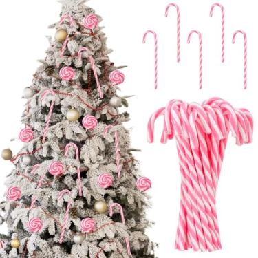Imagem de Hicarer 75 peças de bengala doce de plástico de Natal de 15 cm enfeite para pendurar árvore torcida enfeite de bengala doce para lembrancinha de festa de Natal (rosa e branco)