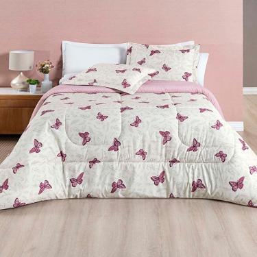Imagem de Kit Edredom Cobertor Celi King Dupla Face Micropercal Estampado 200 Fios 3 Peças Borboletas Rosê