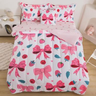 Imagem de ADASMILE A & S Jogo de cama solteiro com laço rosa kawaii, 6 peças, para crianças, meninas, mulheres, fofo, cama de morango em uma bolsa, edredom com laço, lençol de cima, estilo princesa, decoração