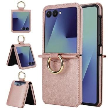 Imagem de Ysnzaq Capa Ring para Samsung Galaxy Z Flip 7, couro Saffiano premium, capa de telefone com compartimentos para cartão para Samsung Galaxy Z Flip7 ZYZD ouro rosa