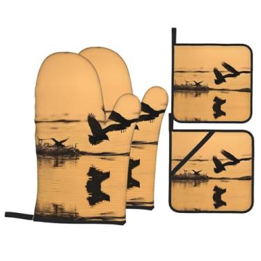 Imagem de Conjunto de luvas de cozinha com estampa de pato com suporte de tampa, luvas de forno resistentes ao calor para manusear panelas quentes, grelhar, churrascos, kit de 4 peças.