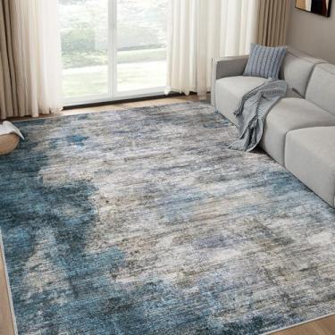 Imagem de DMOYEST Tapetes para sala de estar – 15 x 23 abstrato grande macio tapete lavável neutro moderno tapete baixo para quarto, sala de jantar, casa de fazenda, escritório em casa - cinza escuro azul
