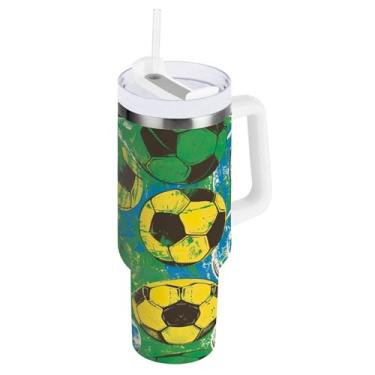 Imagem de Kigai Copo de futebol colorido de 1,134 g com tampa e canudo, copo isolado de aço inoxidável durável à prova de vazamento com alça, garrafas de água à prova de derramamento para viagens
