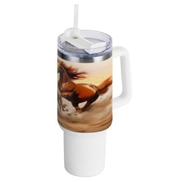 Imagem de Kigai Copo de 1,134 g com tampa e canudo, copo de aço inoxidável durável à prova de vazamento de cavalos de corrida com alça, garrafas de água à prova de derramamento para viagens