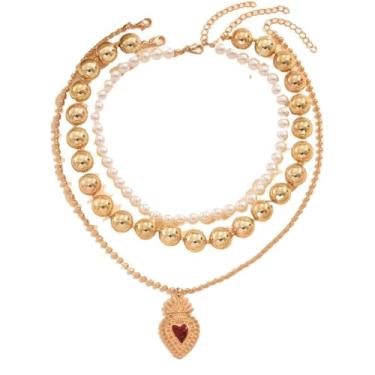 Imagem de Enfeites de meia para mulheres, corrente grossa de contas de ouro, coroa, vermelho, coração, pingente de coração, colar empilhável em camadas, joias, Natal, Dia dos Namorados, presente para mulheres