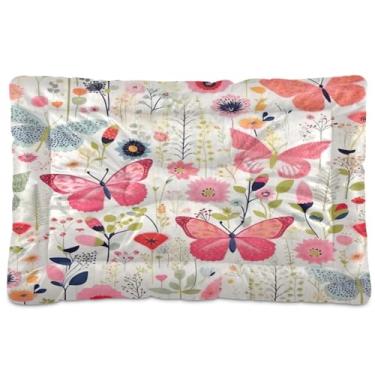 Imagem de Wassud Cama de cachorro com corações desenhados à mão com borboletas fofas camas grandes para cães ao ar livre tapete lavável para animais de estimação cama de gato para dormir viagens 91 x 61 cm
