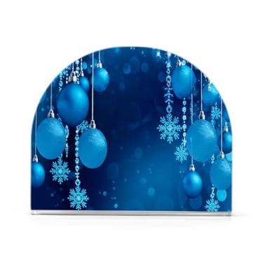 Imagem de Qilmy Suporte de guardanapo acrílico com bola de Natal lindamente azul, porta-guardanapos para mesas cozinha restaurante decoração de casa, suporte decorativo moderno para guardanapos de coquetel de