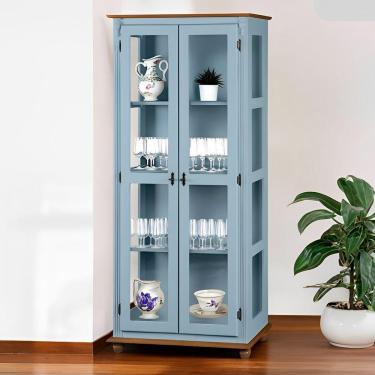 Imagem de Cristaleira Rústica De Madeira 3 Prateleiras Pés Torneados - Azul Céu Laca Com Tampo E Base Imbuia Glazer