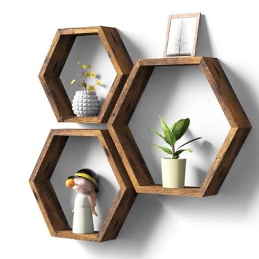 Imagem de CADUKE Prateleiras flutuantes hexagonais, conjunto de 3 prateleiras de colmeia para decoração de parede, prateleiras decorativas de parede, prateleira suspensa de madeira para quarto, cozinha, sala de