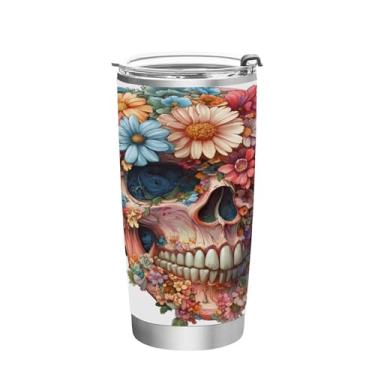 Imagem de STAYTOP Lindo copo de aço inoxidável de caveira de flor de 590 ml, copo de café isolado com tampa e canudo, caneca de café de viagem de parede dupla para bebidas quentes e frias