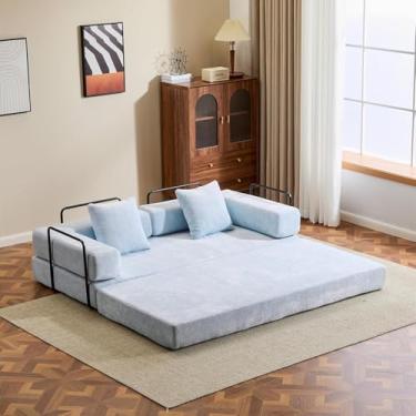 Imagem de Sofá-cama conversível, sofá-cama de 196 cm tamanho casal com apoios de braço em forma de L, sofás-cama queen size para sala de estar pequena para sala de estar quarto, chenille, azul