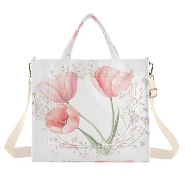 Imagem de Burbuja Sacola feminina tulipas aquarela, bolsa de veludo cotelê, bolsa tiracolo para compras, trabalho, viagem, P, B32, Medium