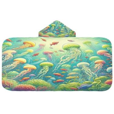 Imagem de Burbuja Toalha de banho artística com capuz de água-viva para crianças, toalha de praia de pelúcia macia absorvente para meninas e meninos 3-10 anos, 61 x 127 cm