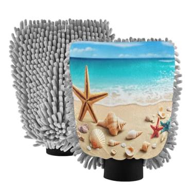 Imagem de STAYTOP Luvas de lavagem de carro estrela-do-mar e conchas de praia, 2 peças, luvas de microfibra de chenille, sem arranhões, panos de esponja de lavagem ultra absorventes para carros, limpeza