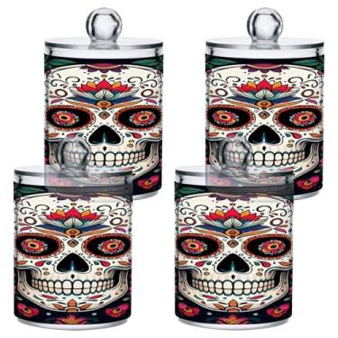 Imagem de STAYTOP 4 frascos de boticário Qtip para banheiro com etiquetas – Recipiente de armazenamento Qtip de plástico transparente para bola de algodão, cotonete, crânio de açúcar colorido em grão de café