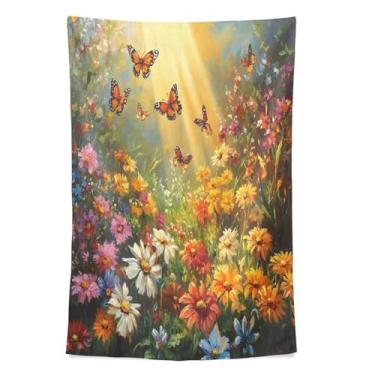 Imagem de STAYTOP Tapeçaria de parede de flores silvestres e borboletas para decoração de casa, decoração de dormitório, sala de estar, quarto, tapete de parede (90 × 60 pol)