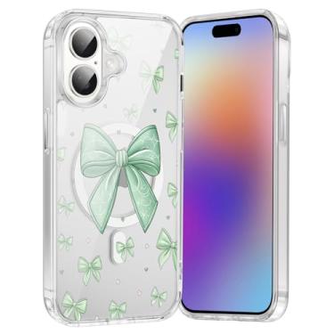 Imagem de FBHGLOA Capa de celular para iPhone 17 de 6,3 polegadas, com laço verde, compatível com MagSafe, fita estética com estampa de coração, antiamarelamento, à prova de choque, capa magnética transparente
